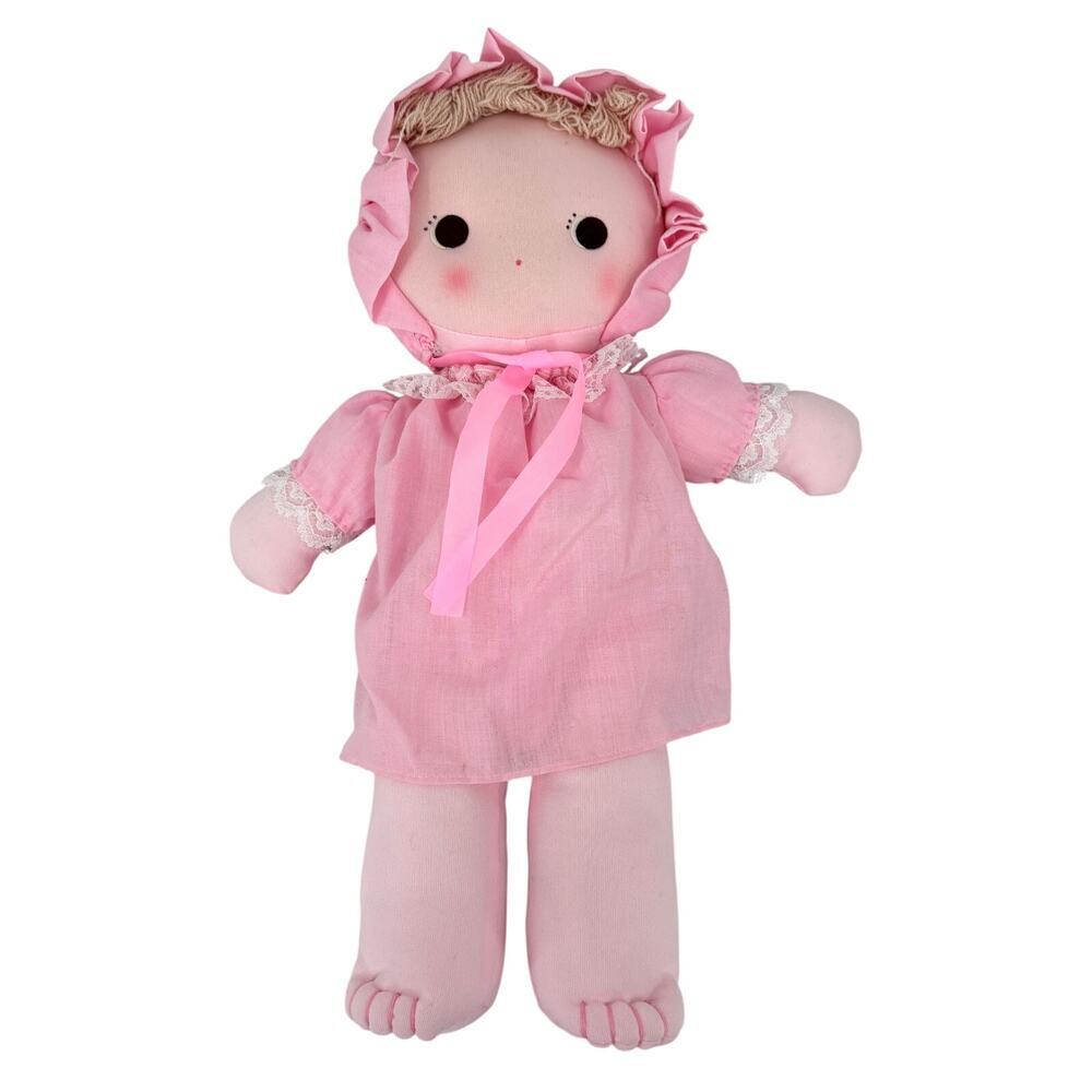 Kamar Cloth Rag Doll Pink Pinafore Dress Bonnet Lovey Stuffed Taiwan‎ Vintage